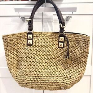 Michael Kors Santorini Large Raffia Straw Tote Bag - Gold Stud Accents